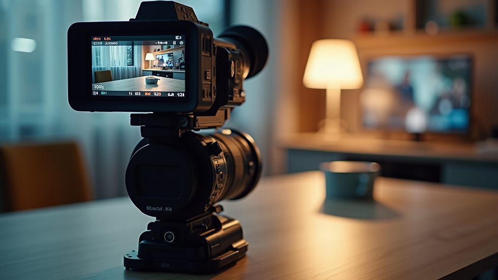 Eye-level view of a video camera filming a product on a table