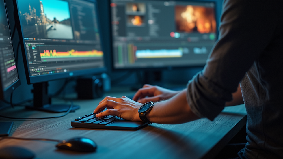 Close-up view of video editor working on timeline in editing software
