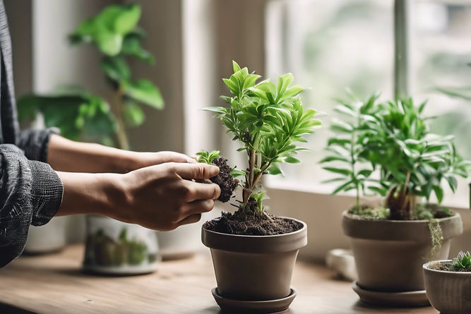 a both hands putting a plant on table that nearby a window (a lot different pot plants at