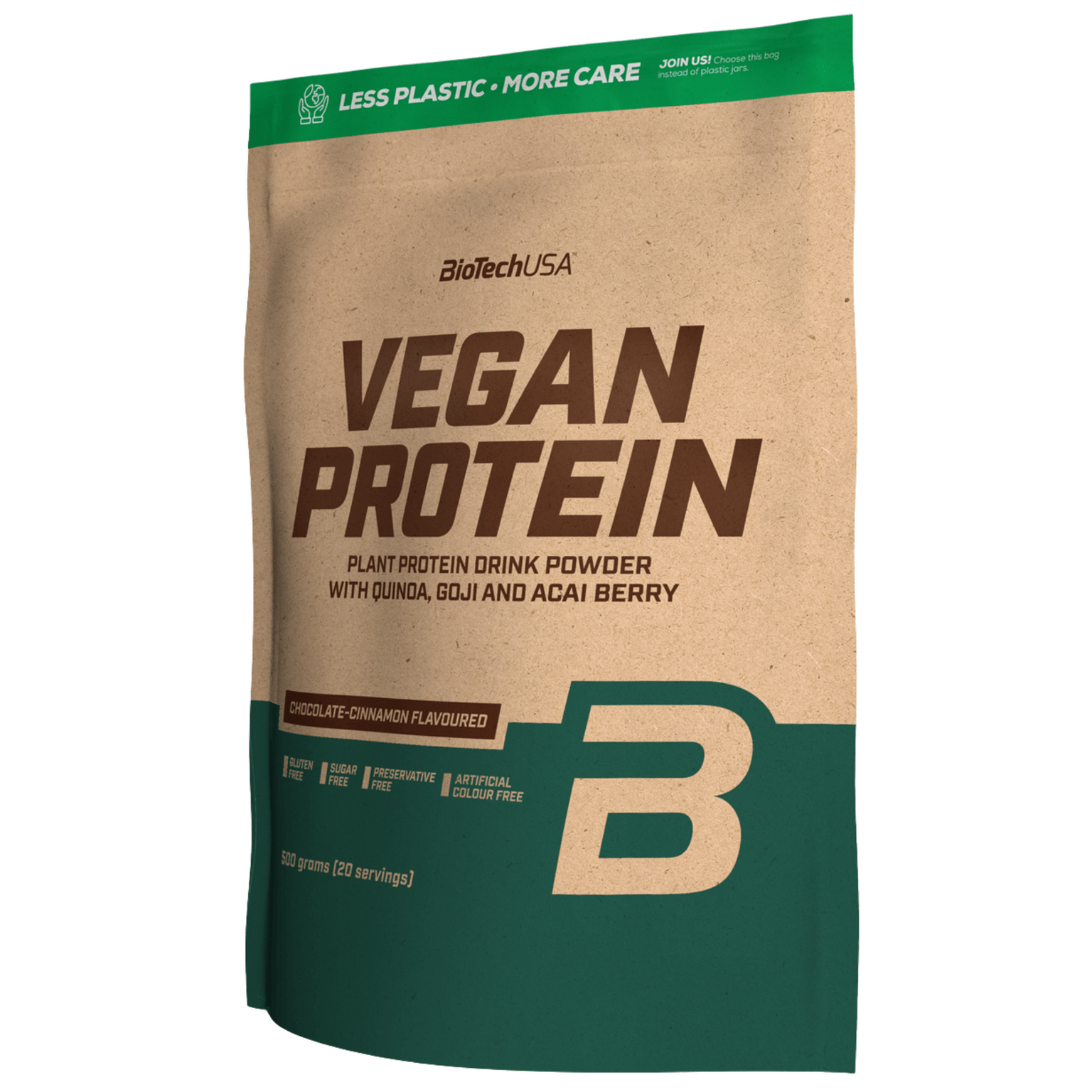 BioTechUSA Vegan Protein 500 g Schoko-Zimt – Originalfoto auf weißem Hintergrund