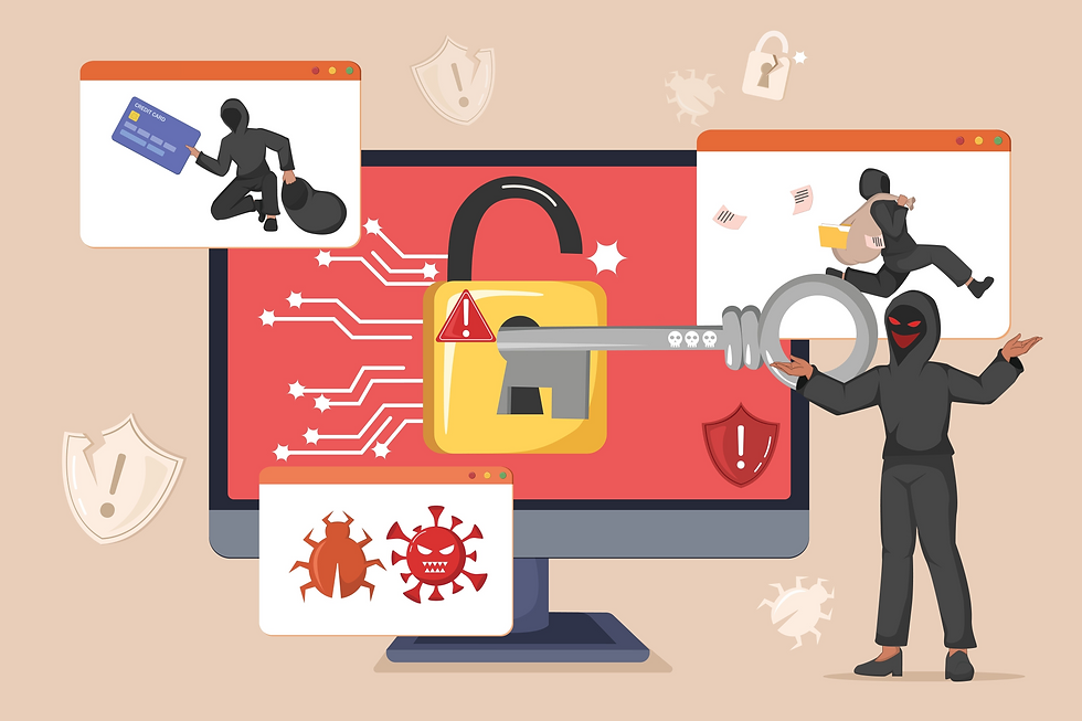 Hacker in black outfit holding a key near a monitor with a yellow lock. Images of bugs, credit card theft, and file stealing are displayed.