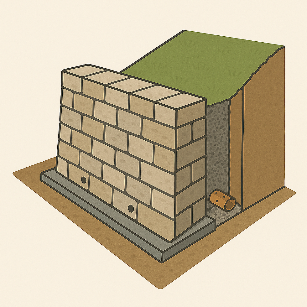 Cross-section of a brick retaining wall with drainage pipe, gravel behind the wall, and green grass above. Earth and gravel layers visible.