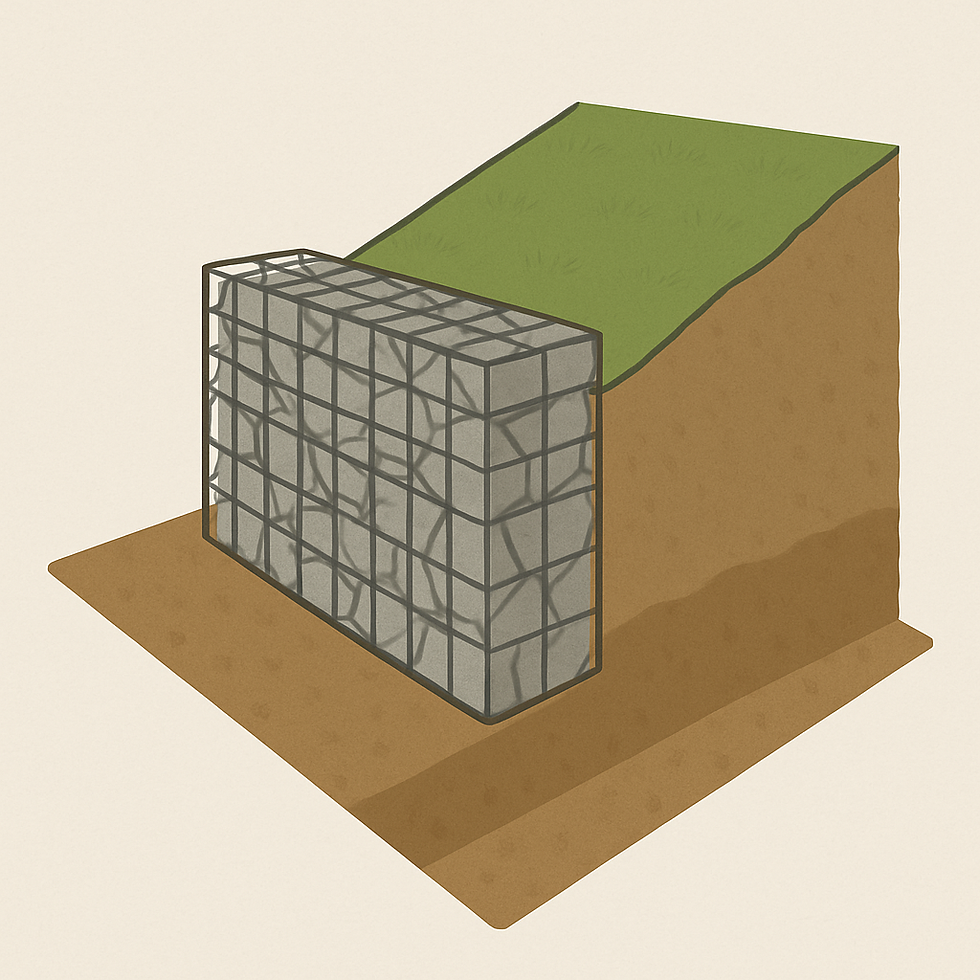A cross-section diagram shows a gabion retaining wall made of stone-filled wire mesh supporting a sloped grassy terrain.