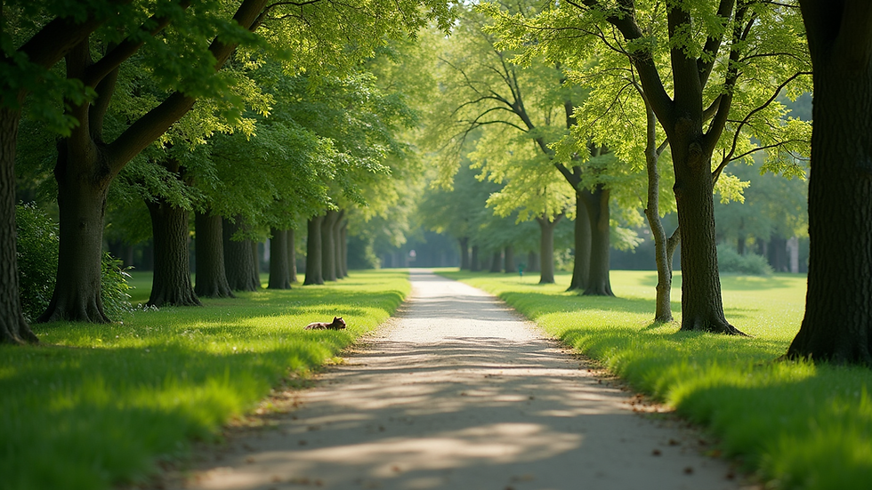 Eye-level view of a serene park with a walking path