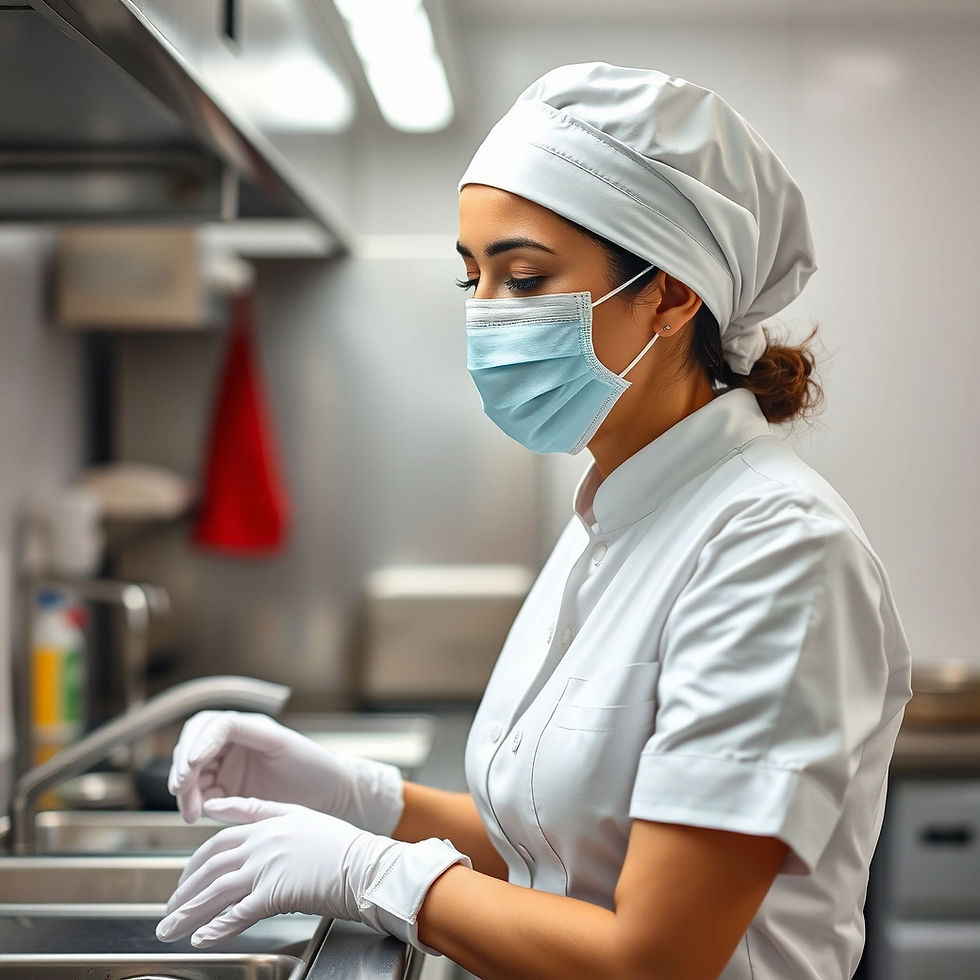 Imagen de una manipuladora de alimentos usando uniforme blanco, gorro y guantes, sonriendo
