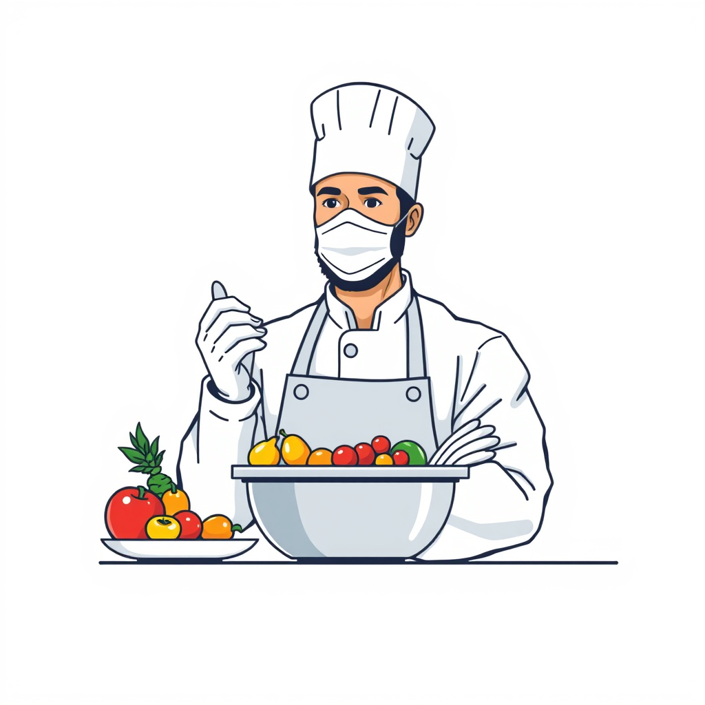 Ilustración vectorial de un ingeniero de alimentos con bata blanca y gorro sanitario, revi