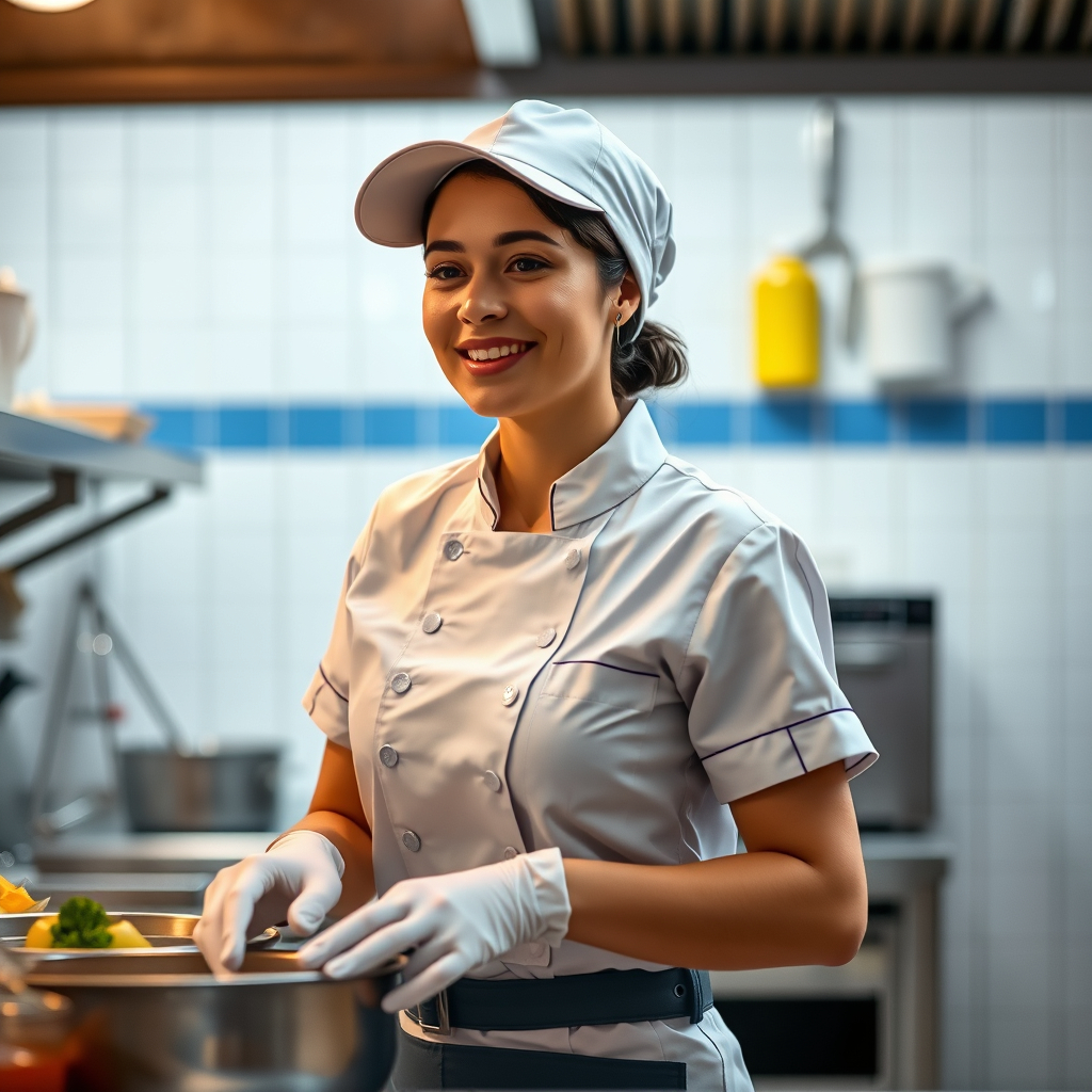 Imagen de una manipuladora de alimentos usando uniforme blanco, gorro y guantes, sonriendo