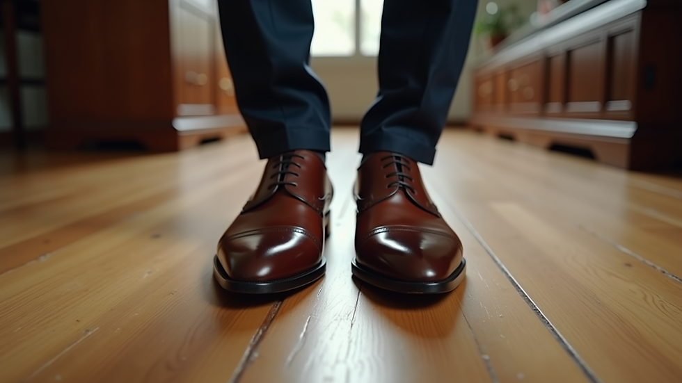 Eye-level view of a polished pair of handmade dress shoes on a wooden floor