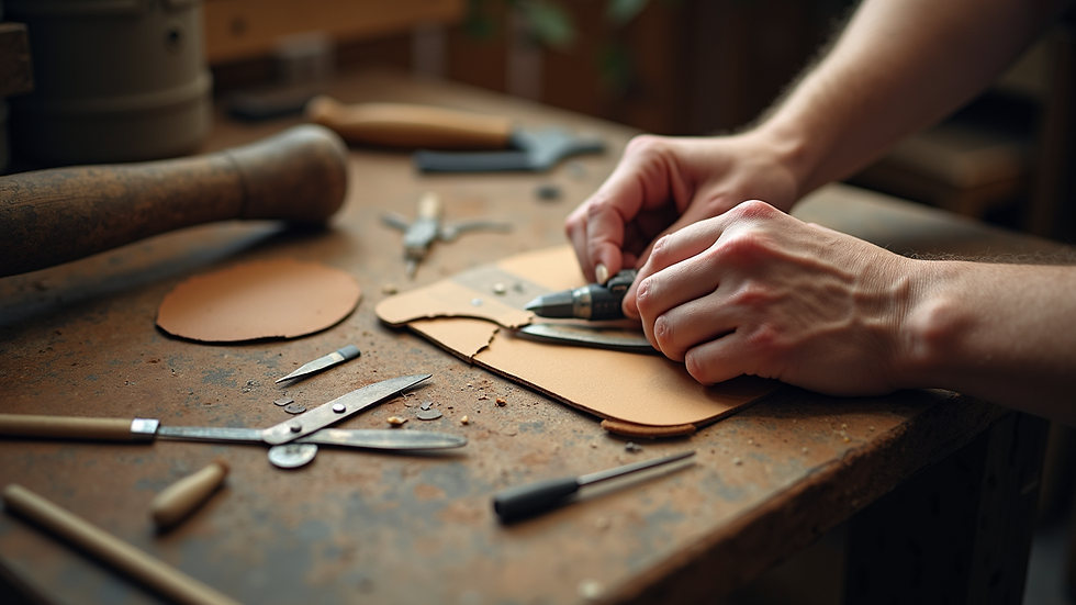 High angle view of leather cutting and pattern making tools on workbench