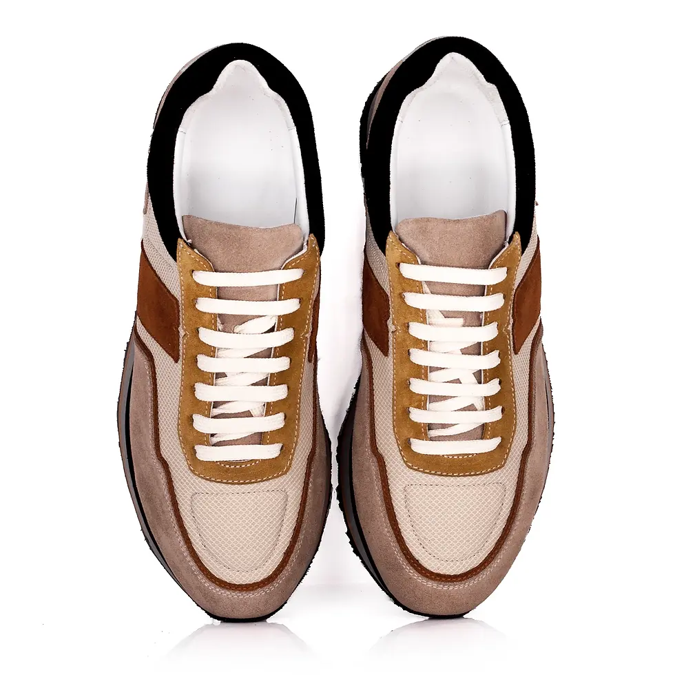 Миниатюра: Tan Tobacco Beige Navy Casual Sneakers in Leather and Sustainable Textile