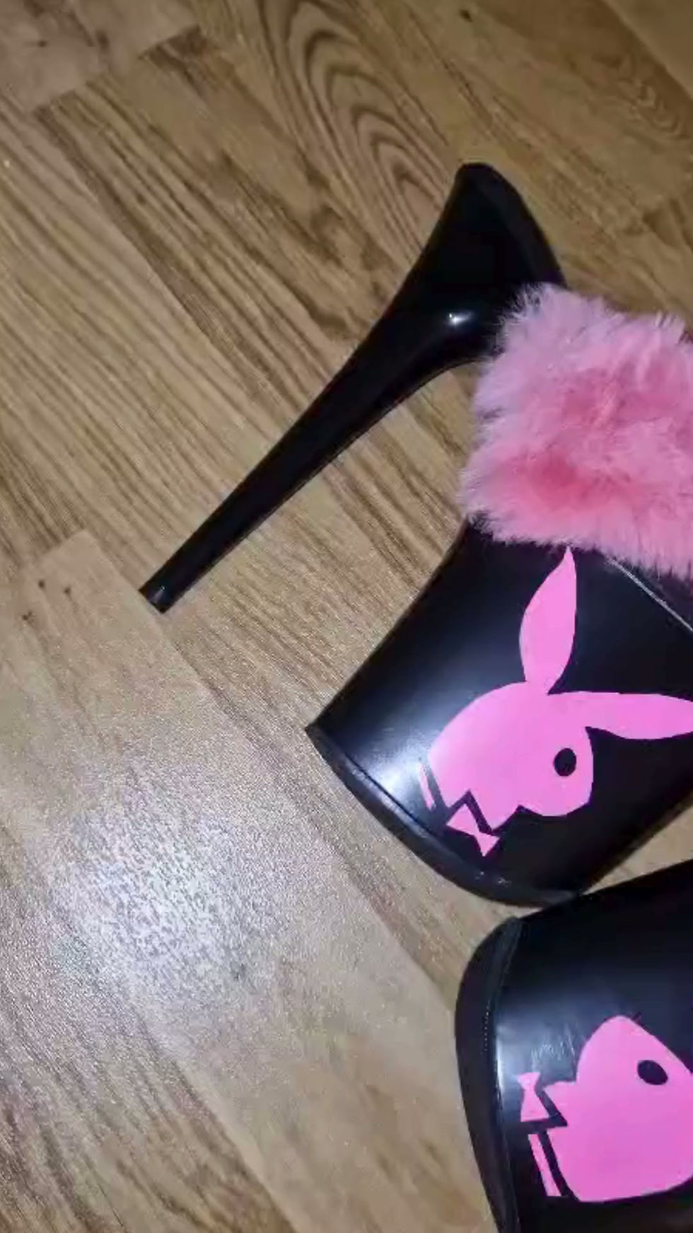 Thumbnail: Pink And Black Fluffy Bunny Pole Heels- Strapless