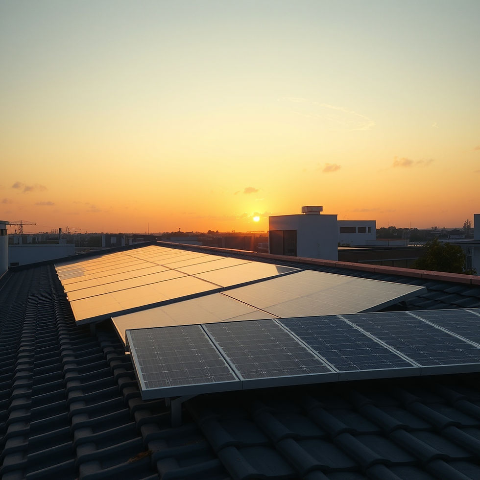A modern solar rooftop installation during golden hour (sunset), with clear skies and soft
