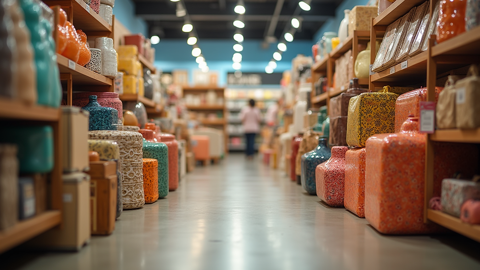 Eye-level view of a colorful display of home goods on sale