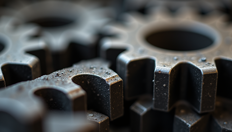 Close-up of worn gear teeth with surface damage and pitting