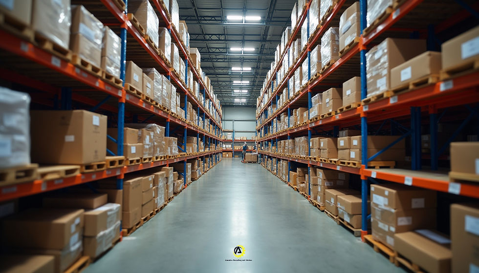 Wide angle view of diverse goods in a warehouse