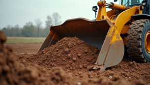 Wheel Loader scooping soil in an open field