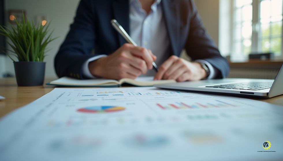 Eye-level view of a manager reviewing project plans on a desk with a laptop and notes