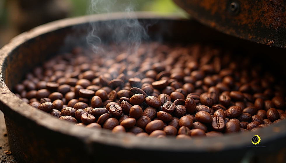 Close-up view of a cacao roaster with cacao beans inside