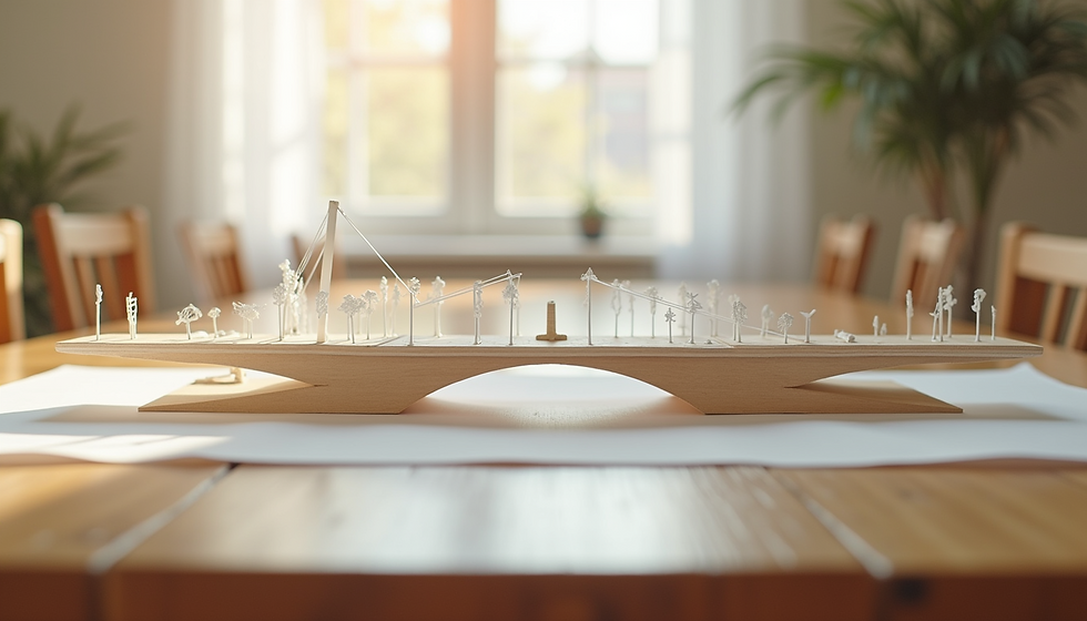 Prototype model of a sustainable bridge design on a wooden table