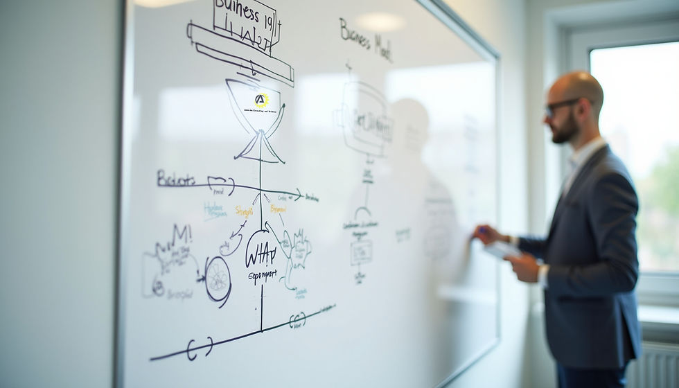 Eye-level view of a whiteboard with business model and business plan diagrams