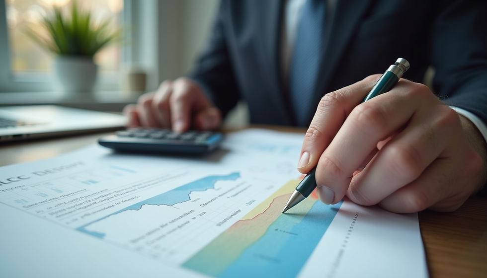 Business owner managing finances with documents and calculator