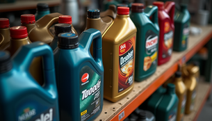 Various engine oil bottles on a shelf for selection