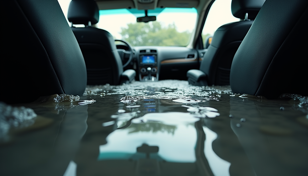 Flooded car interior showing water covering the seats and floor