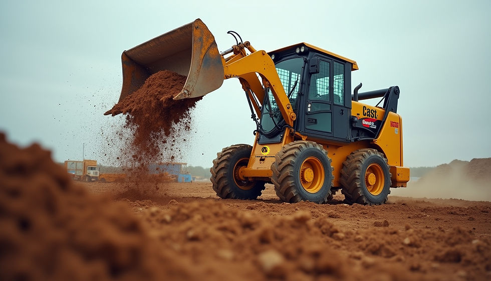 Eye-level view of skid steer with bucket attachment lifting dirt on a construction site