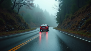 Car driving on wet mountain road, demonstrating safe handling in slippery conditions