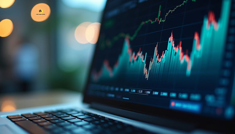 Close-up view of a laptop screen showing financial metrics and graphs