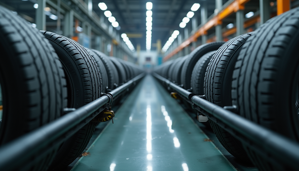 Tire manufacturing production line showing rubber mixing and extrusion stages