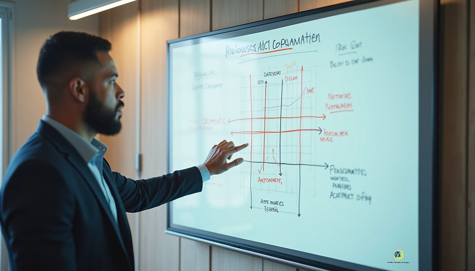 Eye-level view of a person analyzing a risk matrix on a whiteboard in a meeting room