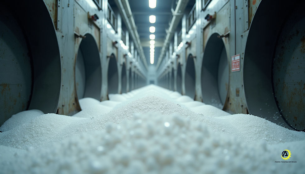 Eye-level view of industrial rotary dryer used for drying salt crystals