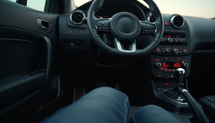 Car dashboard with pedals, steering wheel, and gear shift, highlighting essential controls for beginner drivers