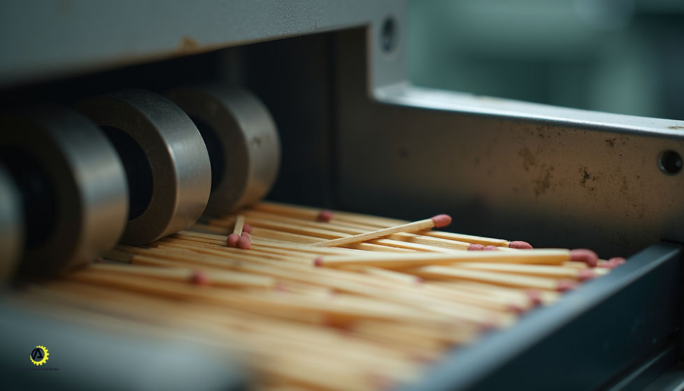 Eye-level view of a matchstick manufacturing machine in operation