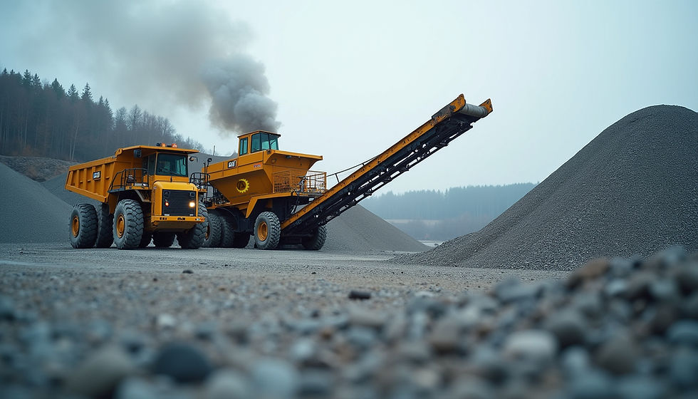 Eye-level view of a crushing and screening plant with heavy machinery and gravel piles