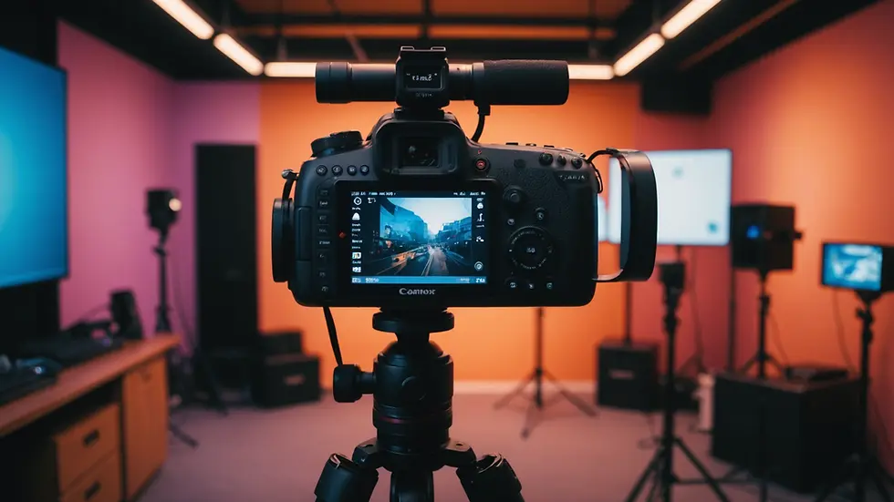 Eye-level view of a vibrant video setup with a camera and lighting equipment