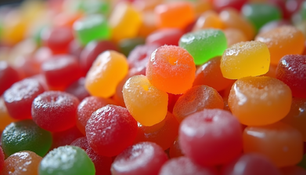 Colorful jelly candies displayed in bulk packaging showcasing diversity in shapes and flavors.