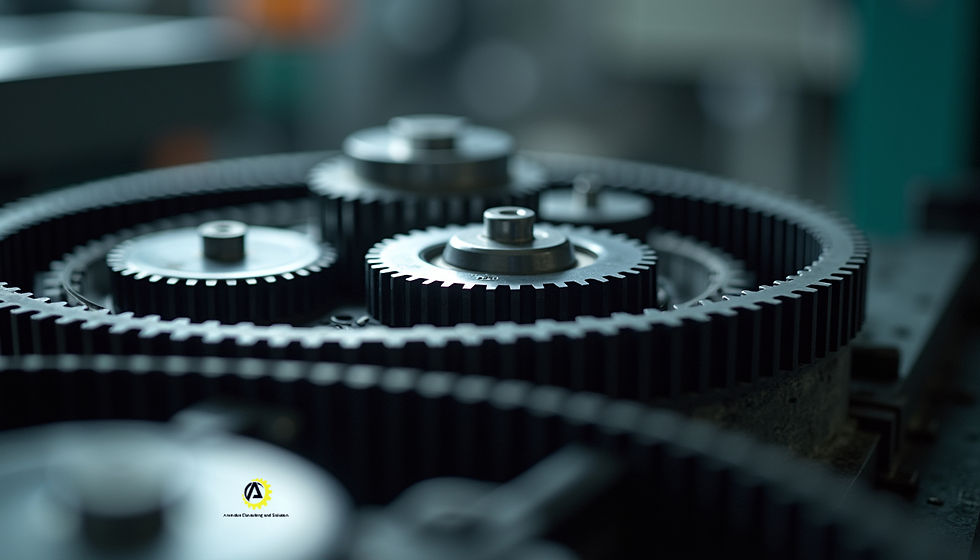 Eye-level view of timing belts with toothed pulleys in a CNC machine