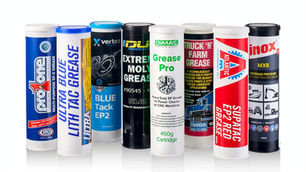 Various industrial greases in containers labeled for specific applications