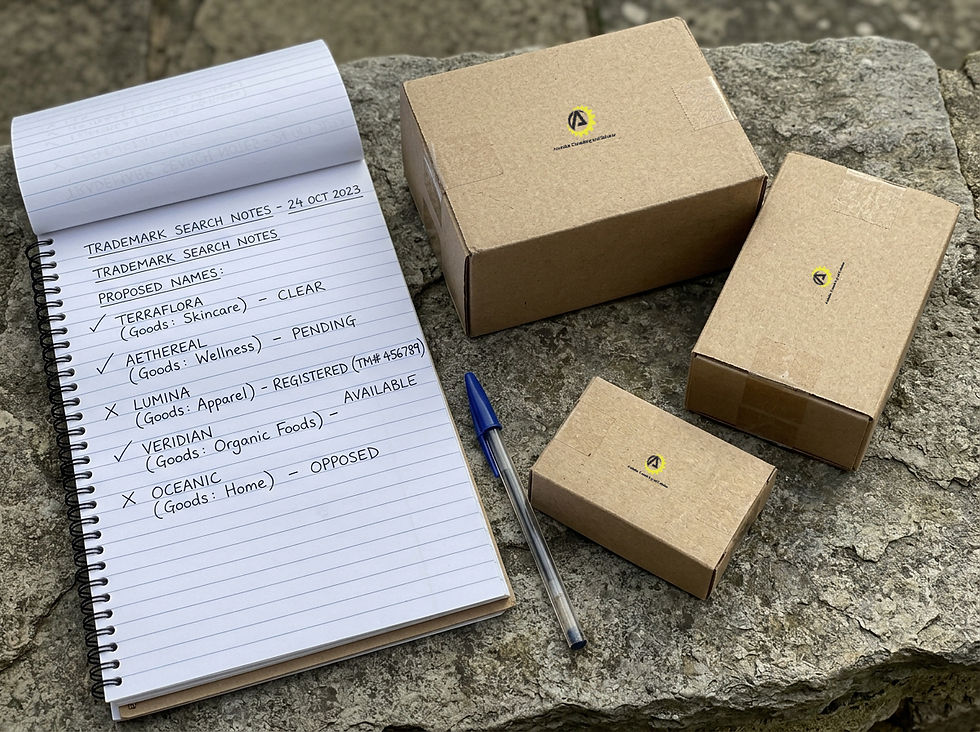 Close-up view of printed name search notes and labeled product samples