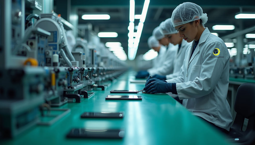 Eye-level view of a smartphone assembly line