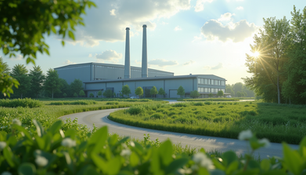 A sustainable manufacturing plant surrounded by greenery, showcasing eco-friendly practices