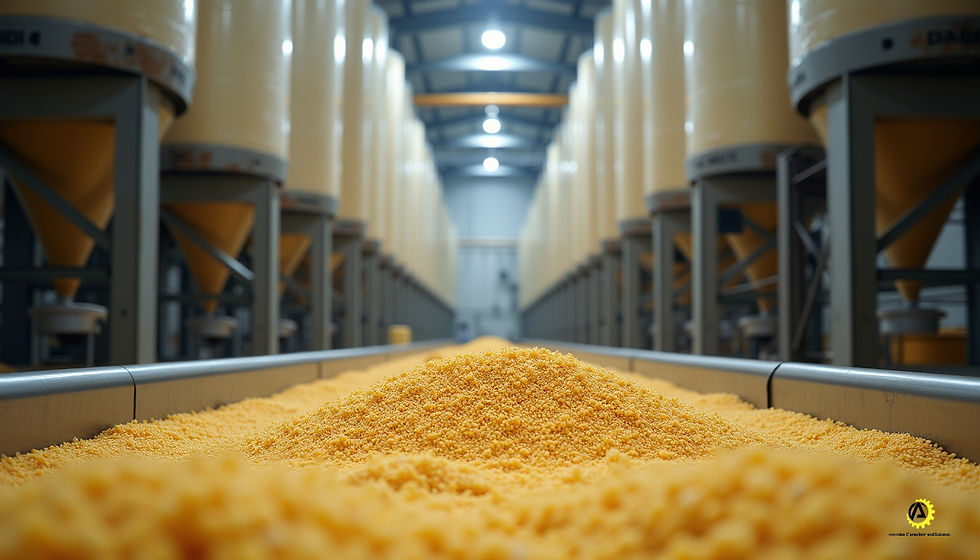 Eye-level view of industrial semolina silos storing raw material