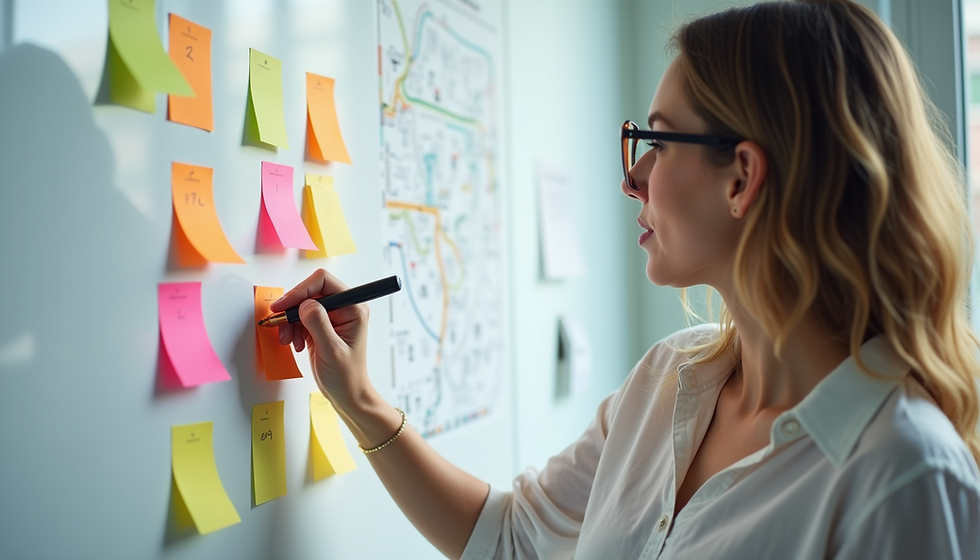 Brainstorming session with colorful notes on a whiteboard