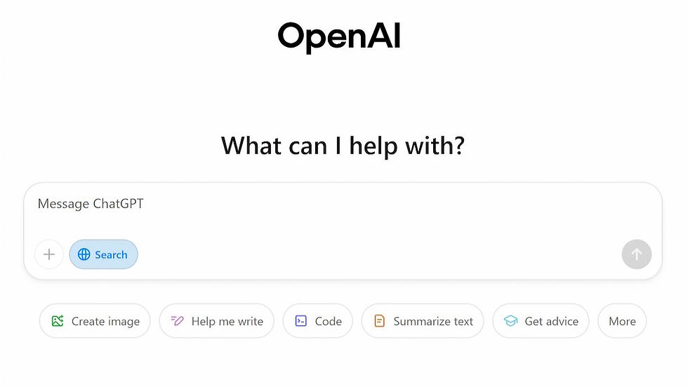 OpenAI interface with "What can I help with?" text. Options: Search, create image, help write, code, summarize text, get advice.