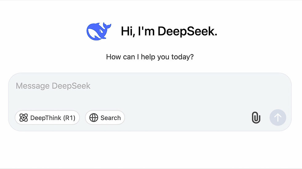 Chat interface with text "Hi, I'm DeepSeek. How can I help you today?" Blue whale logo, message box with "DeepThink (R1)" and "Search" buttons.