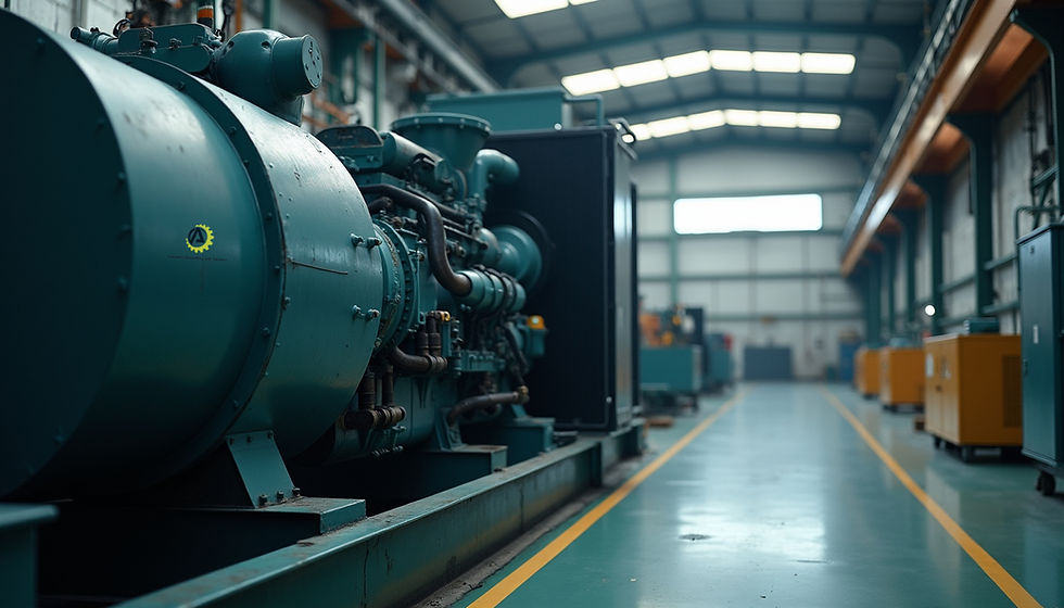 Eye-level view of a large industrial diesel generator in a factory setting