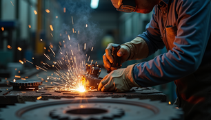 Welding process on a gear tooth, showing precise metal joining