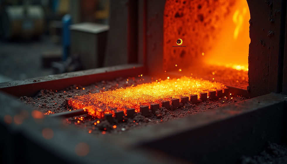 Close-up view of steel parts undergoing heat treatment in a furnace